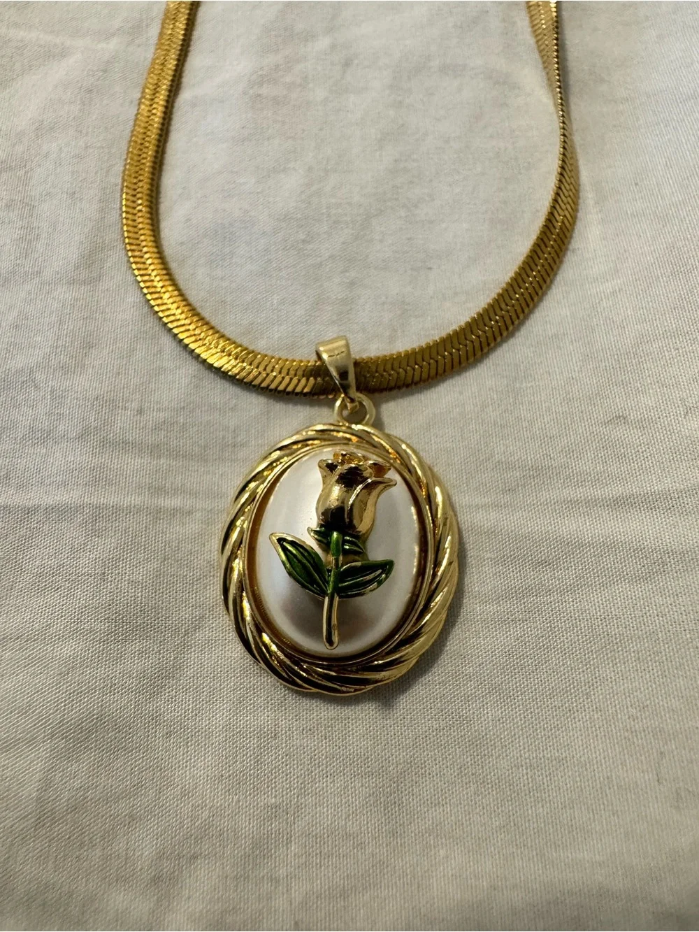 Gold-Tone Rose Pendant Necklace with White Enamel Accent - Green Leaf Detail